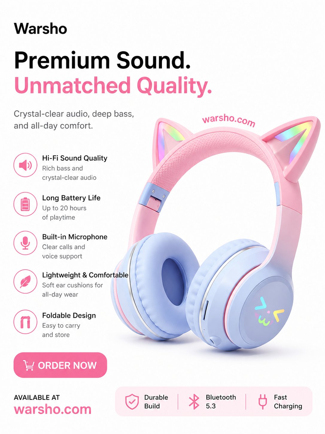 RGB Cat Ear Wireless Headphones Bluetooth – LED Glow, Gaming Headset with Mic, Type-C Charging (Cute Style