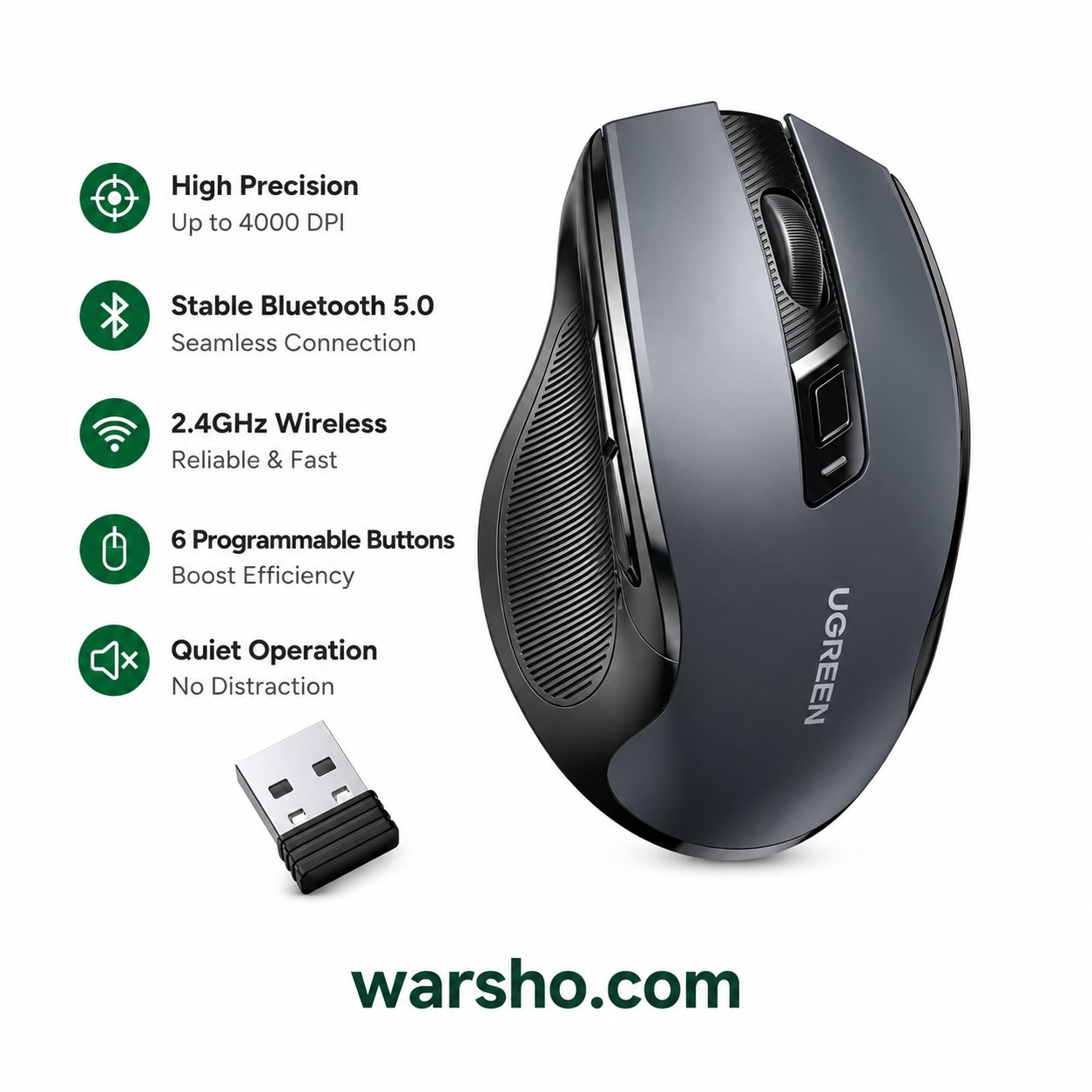 UGREEN Wireless Bluetooth Mouse – Ergonomic 4000DPI Silent Mouse with Bluetooth 5.0 & 2.4G USB Receiver