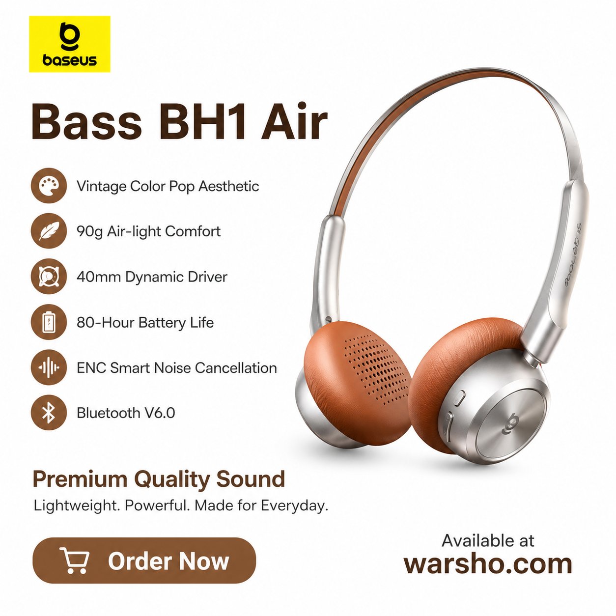 Baseus BH1 Air Wireless Headphones Bluetooth 6.0 – 80H Battery, ENC Noise Cancellation, Ultra-Light 90g Comfort