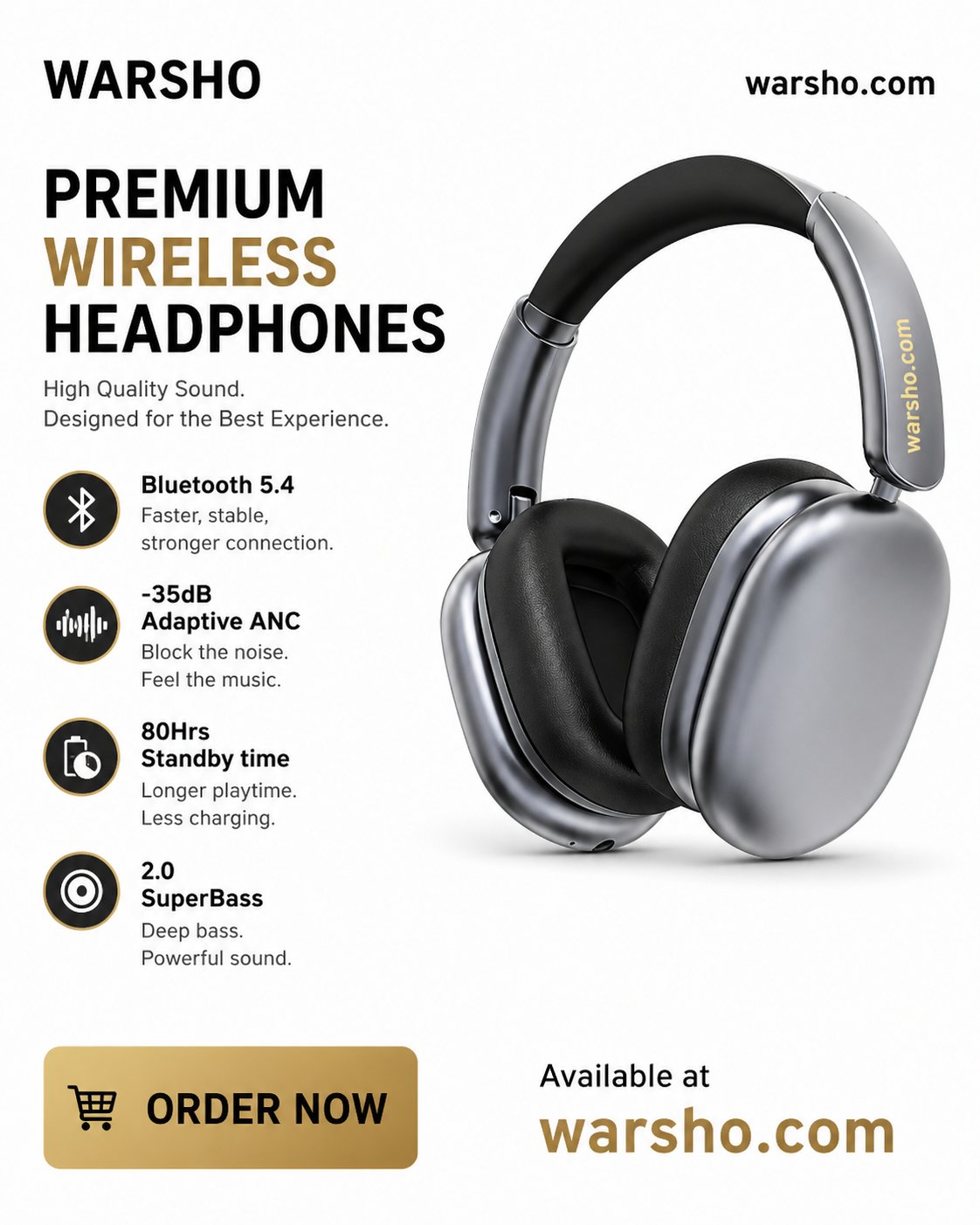 ORONE L80 Wireless Over-Ear Headphones – Bluetooth 5.4, ANC+ENC Noise Cancelling, 80H Battery, HiFi Stereo - image 5