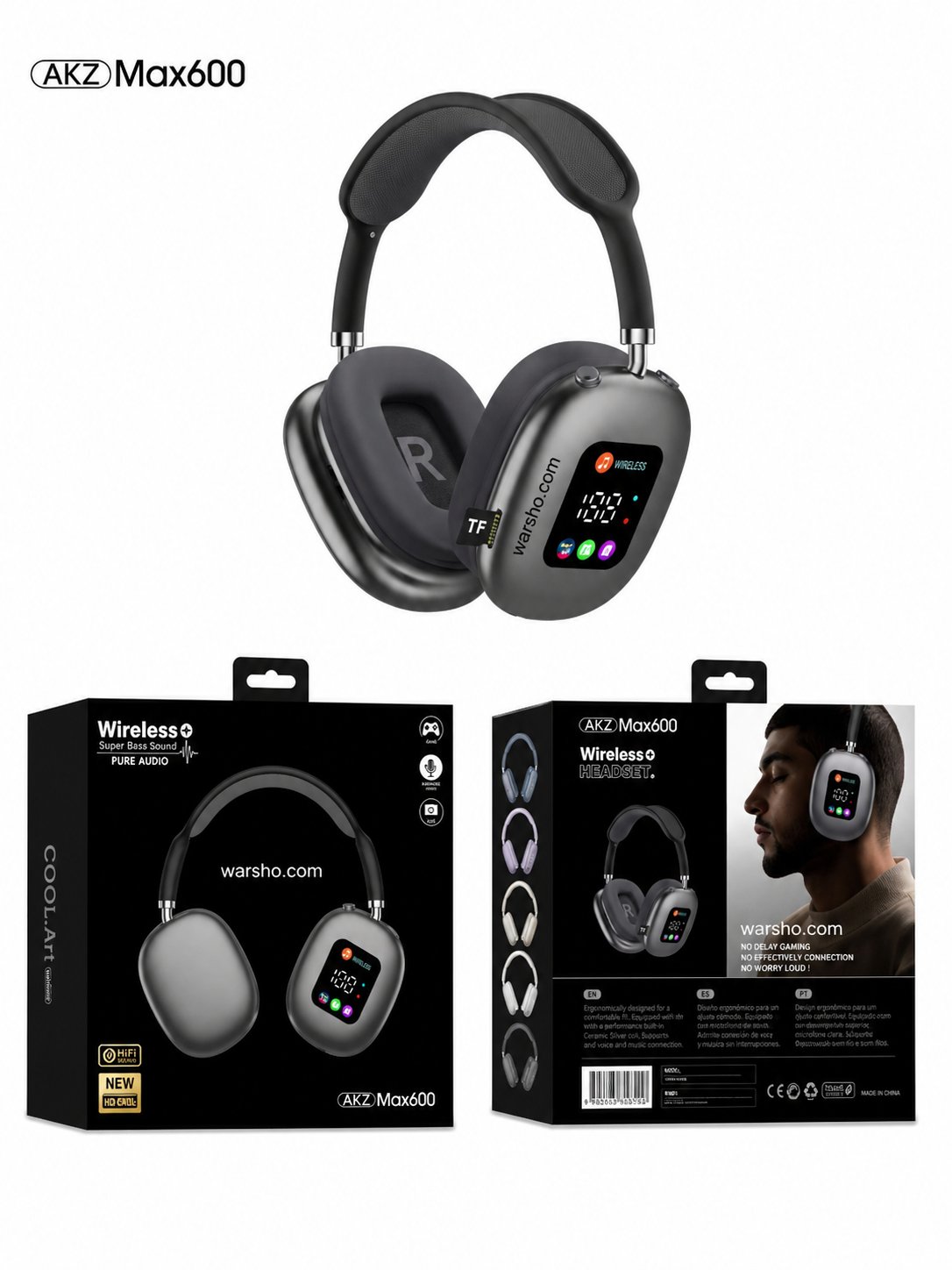 Smart LED Display Wireless Headphones with Touch Screen – Bluetooth Noise Cancelling Over-Ear Headset