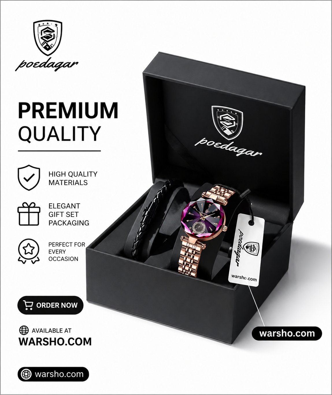 POEDAGAR Luxury Women Watch Set – Waterproof Quartz Wristwatch with Bracelet & Gift Box