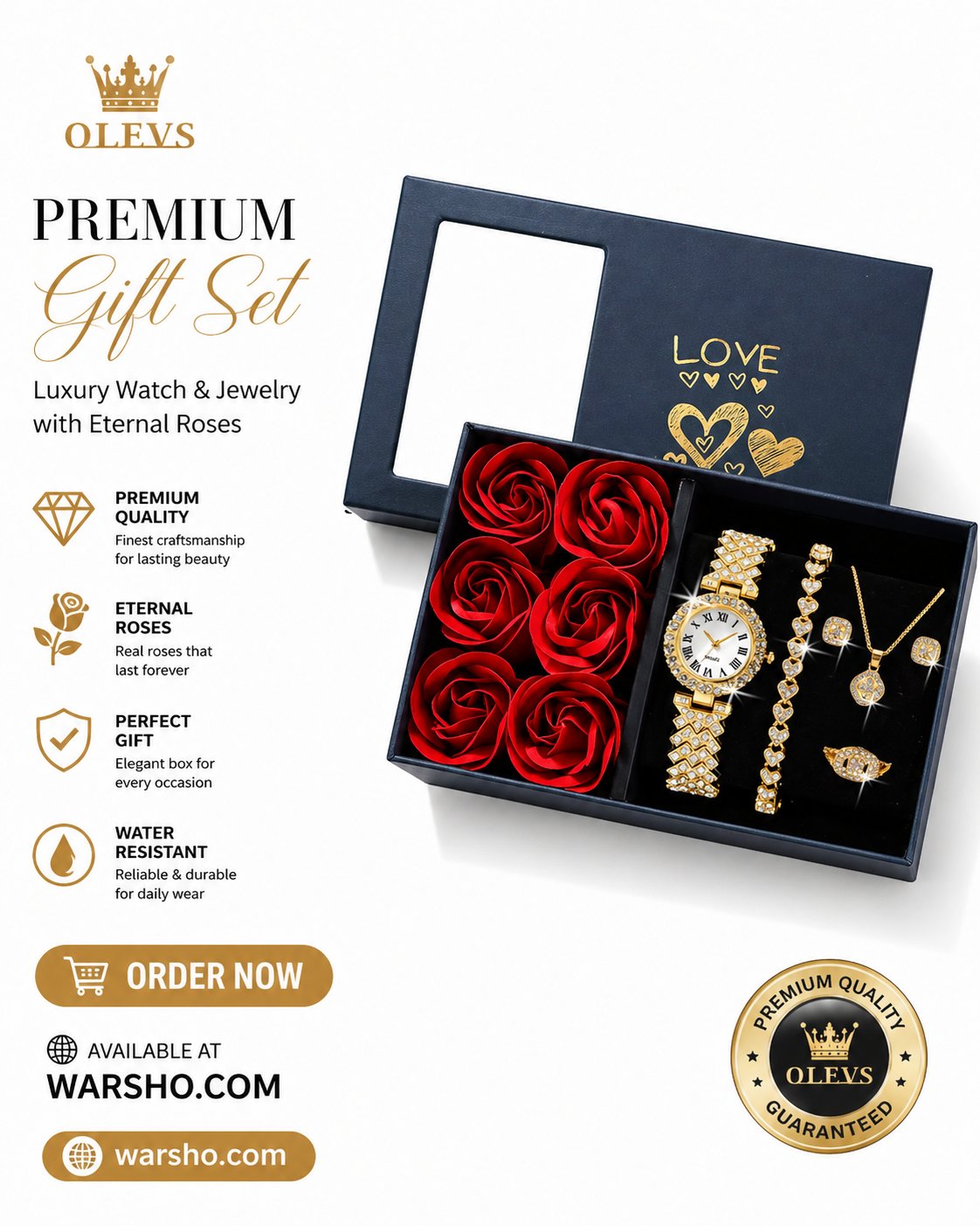 Luxury Women Gold Watch & Jewelry Set (6PCS) – Diamond Quartz Wristwatch, Bracelet, Necklace, Earrings Gift Box