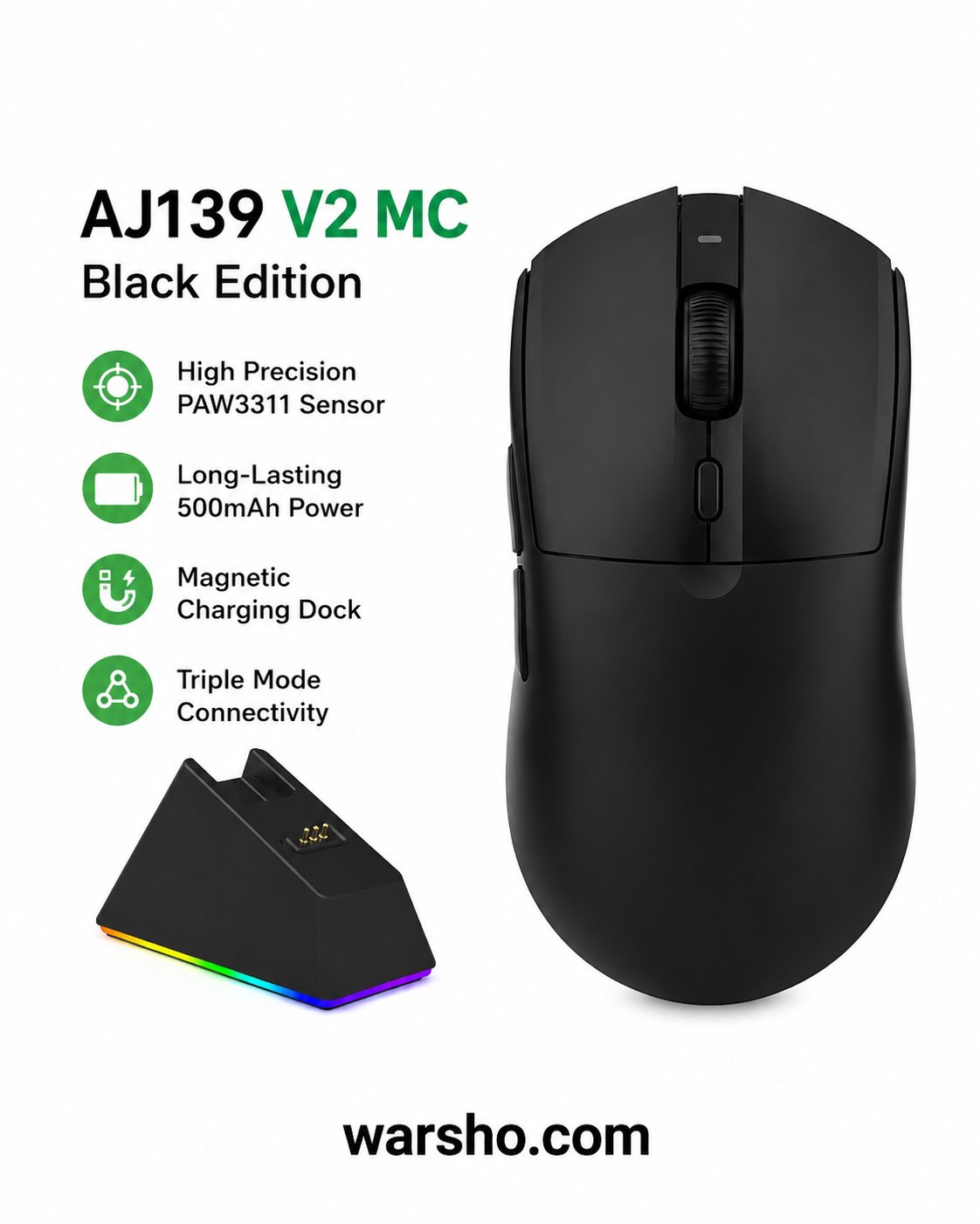AJAZZ AJ139 V2 MC Wireless Gaming Mouse – Tri-Mode RGB Mouse with Magnetic Charging Dock & PAW3311 Sensor - image 3