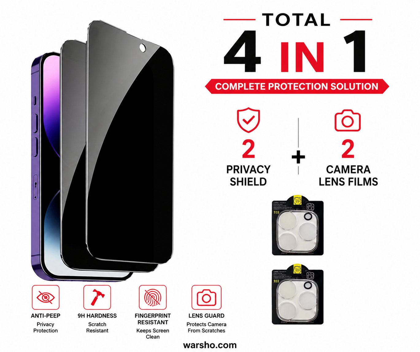 1–4PCS Anti-Spy Screen Protector + Camera Lens Protector (For iPhone 17 / 16 / 15 / 14 / 13 / 12 / 11 Series – Privacy Glass Set) - image 3
