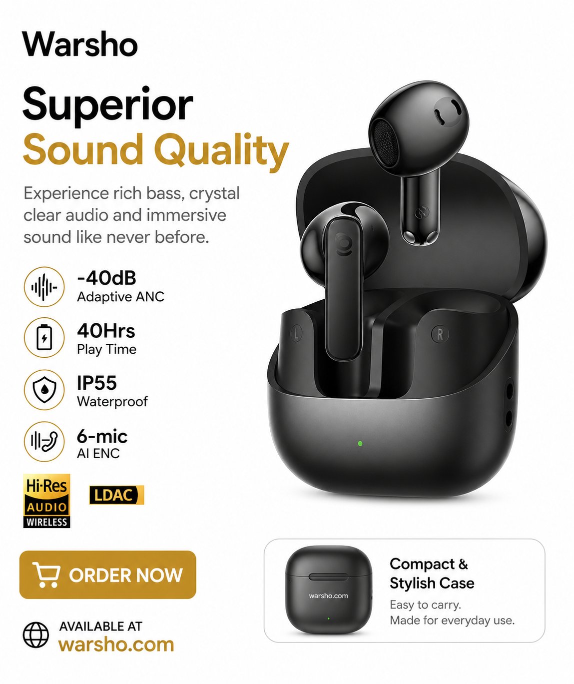 Baseus Bass BS1 NC Wireless Earbuds Bluetooth 6.0 – Hi-Res LDAC, -40dB Adaptive ANC, 6-Mic ENC, IP55 Waterproof