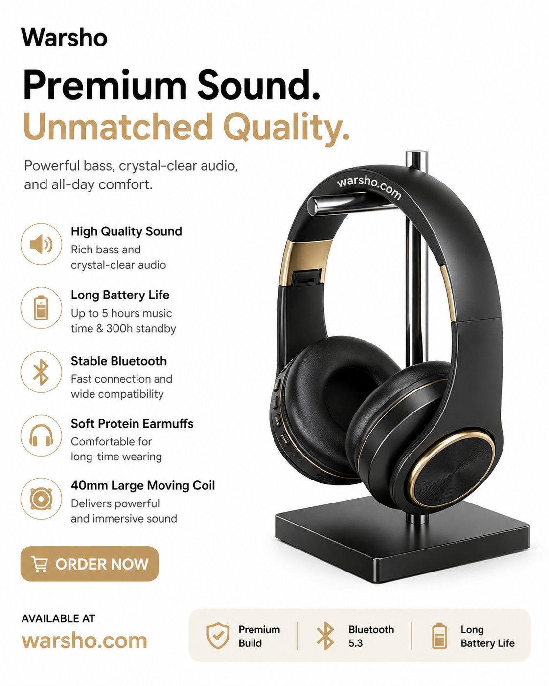 Wireless Over-Ear Headphones Bluetooth 5.3 – HiFi Stereo, Low Latency, Noise Cancelling with ENC Mic