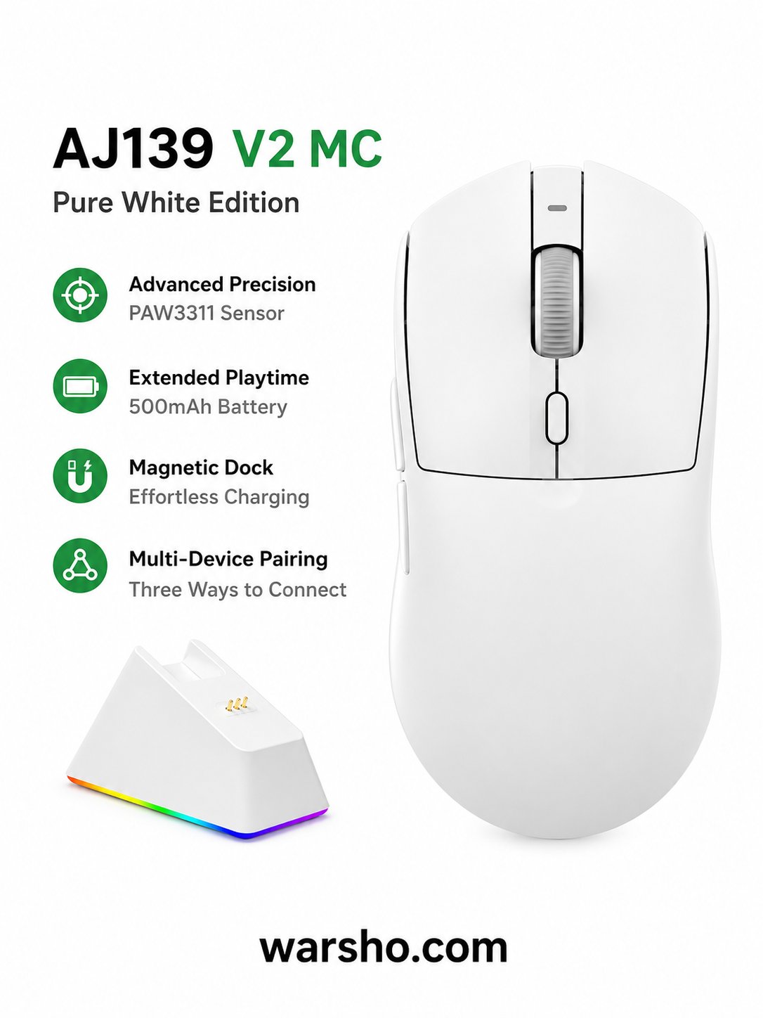 AJAZZ AJ139 V2 MC Wireless Gaming Mouse – Tri-Mode RGB Mouse with Magnetic Charging Dock & PAW3311 Sensor - image 5