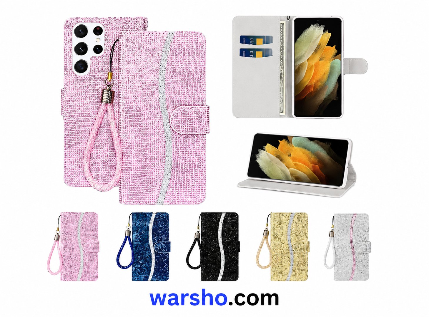 Wallet Glitter Flip Leather Case for Samsung Galaxy S25 Edge, S24 Ultra, S23 Plus, S22, S20 FE, A16, A17, A26, A35, A36, A55 & A56
