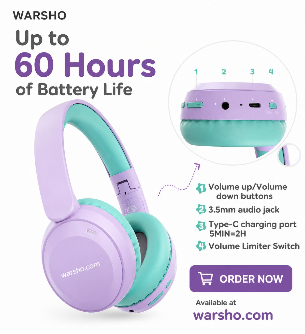 Acer Kids Bluetooth 6.0 Headphones – Wireless Over-Ear Headset with Volume Limit & Built-in Mic