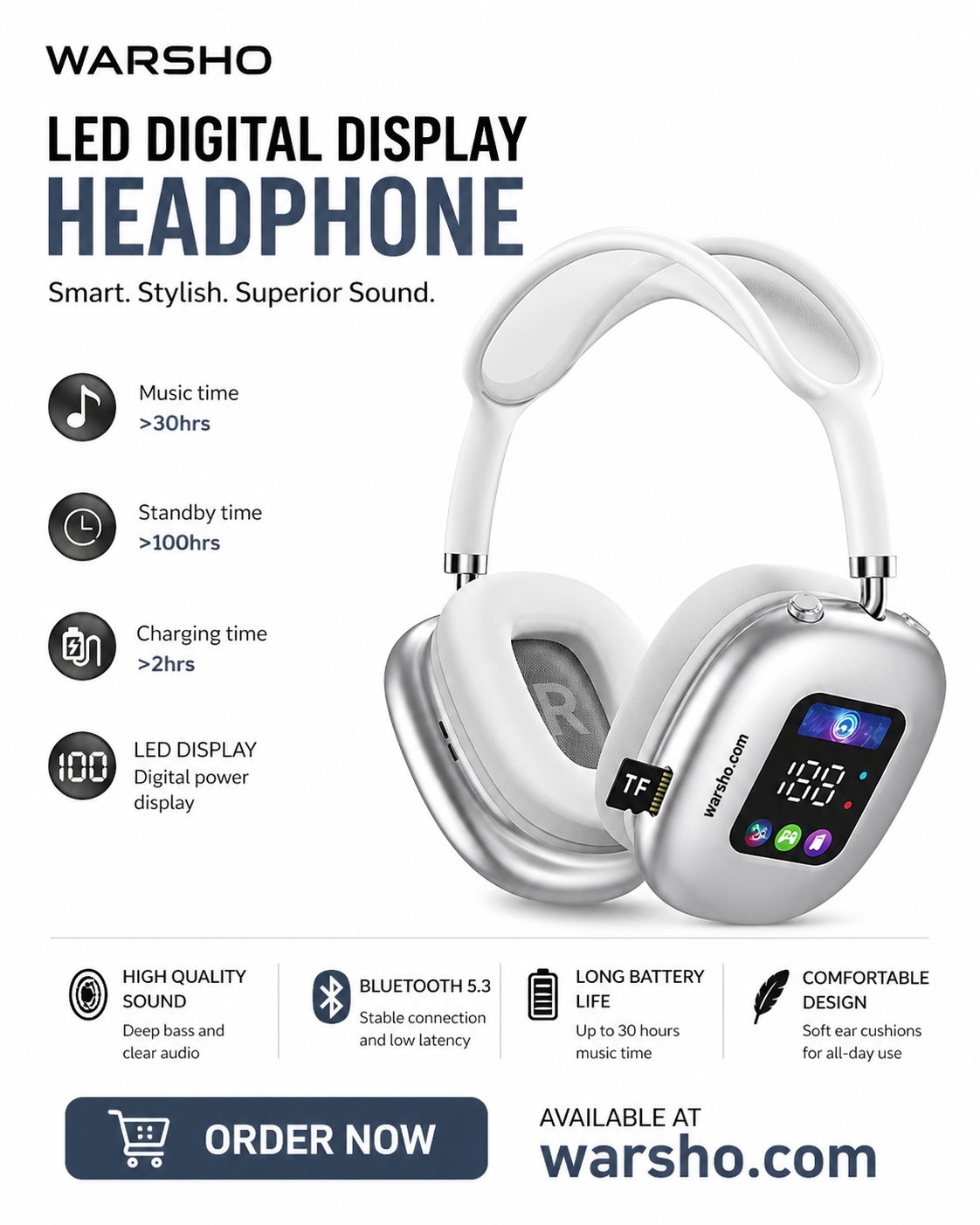 Smart LED Display Wireless Headphones with Touch Screen – Bluetooth Noise Cancelling Over-Ear Headset